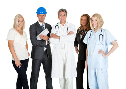 Group of people in different occupations and professions over white background